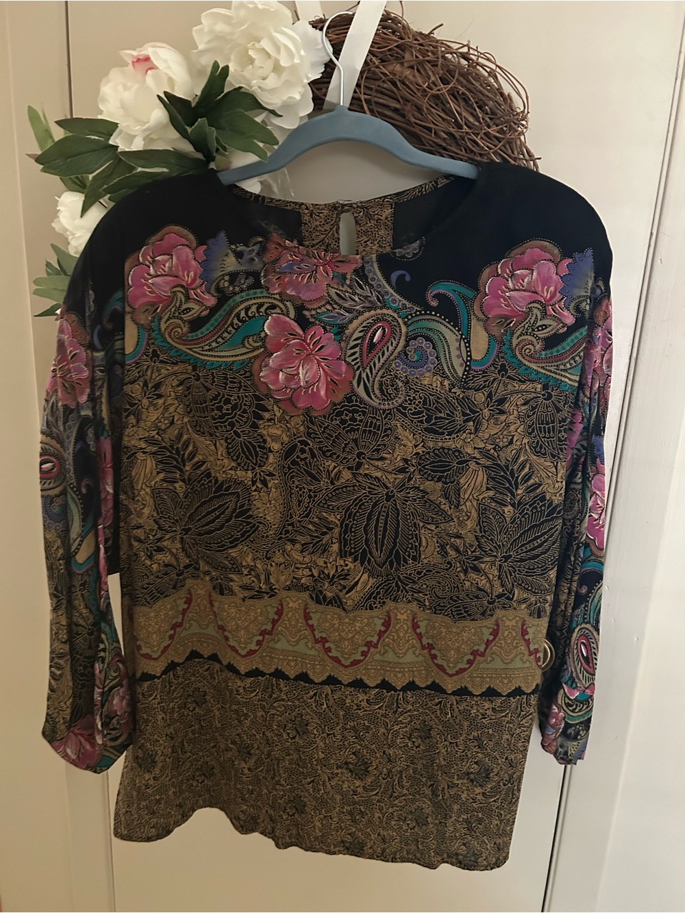 Floral Paisley Print Long-Sleeve Dress - Black with Rose & Teal Accents